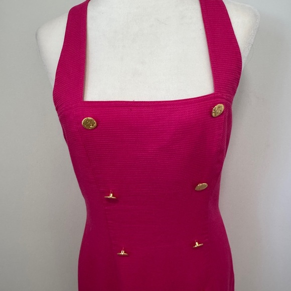 Fuchsia Midi Dress with Gold Button Accents & 1” Shoulder Straps Sz S - Picture 3 of 10